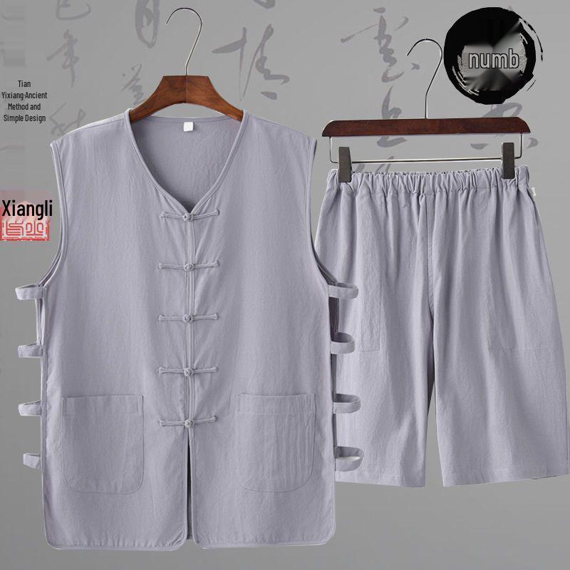 Sleeveless Mandarin Cotton-Linen Vest for Middle-Aged and Elderly Men