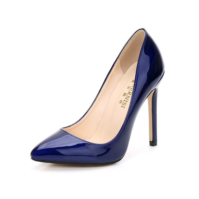 Women 11cm High Heels Scarpin Pumps Lady Pointed Toe Leather Stiletto Heels Female Plus Size Glossy Nude Blue Fashion Shoes