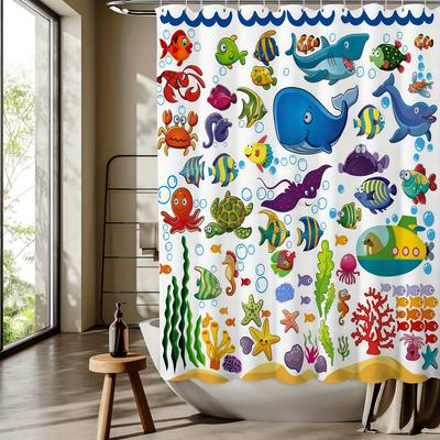 Ocean Animal Cute Cartoon Digital Print Shower Curtain - Machine Washable, Reversible Polyester, All-Season Bathroom/Home Decor