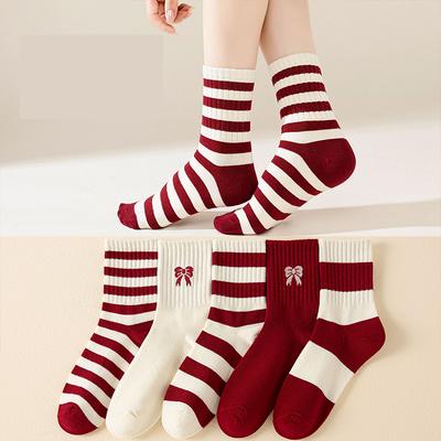ALLTOOALL Women's Bow Middle Tube Socks Spring Autumn Red Striped Cotton Sock Female Fashion Casual Breathable New Year Socks