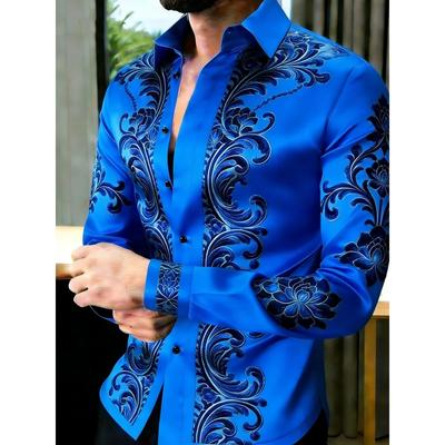 New Men's Color Pattern 3D Flower Print Long Sleeved Shirt with High-quality and Casual Long Sleeved Collar Top