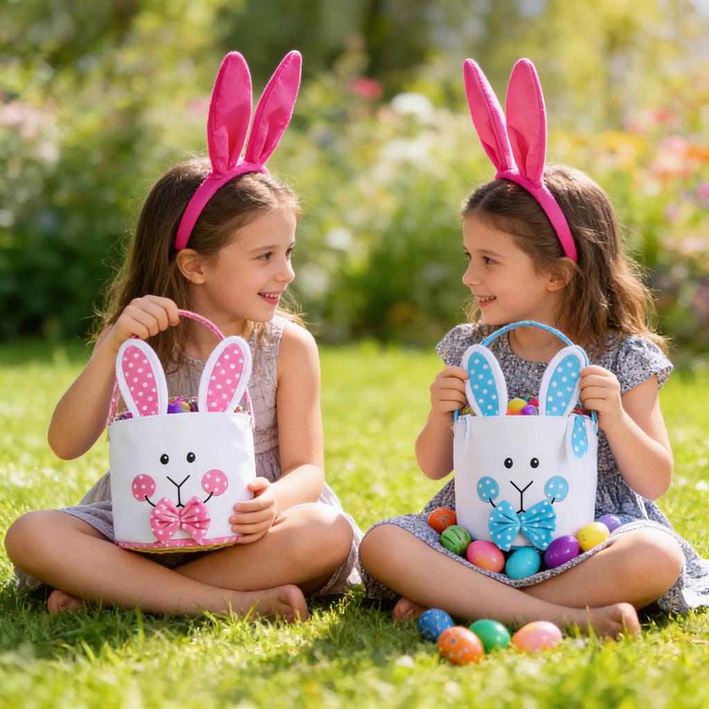 Easter Egg Bucket, Cloth Easter Bunny Basket, Bunny Face Printed Basket, Easter Egg Treasure Bucket With Handle, Party Gift