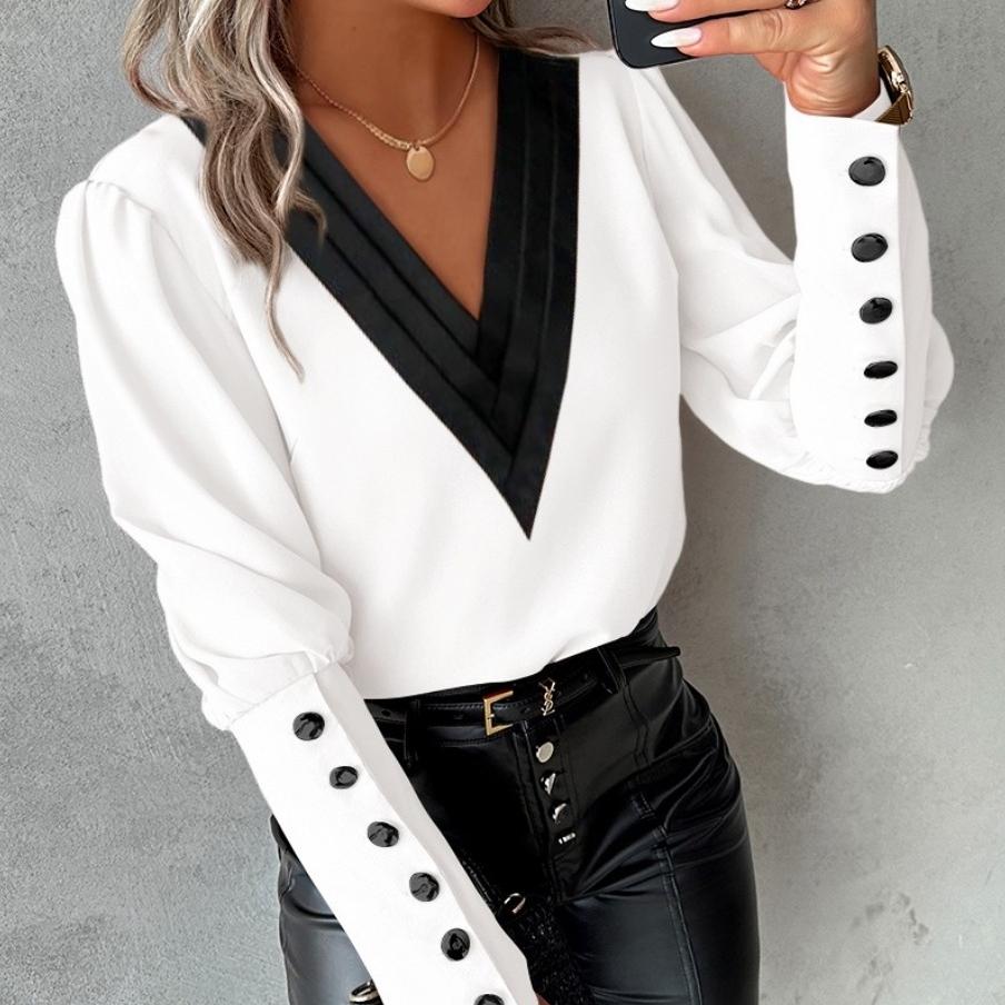 GMXIA Women's Fashion Casual Summer Solid Color Print Long Sleeve Button V-Neck Loose Blouses & Shirts