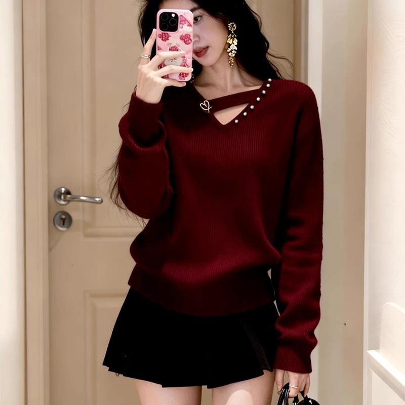 New Year's Red Long-sleeved V-neck Sweater Slim Casual and Versatile Top for Spring