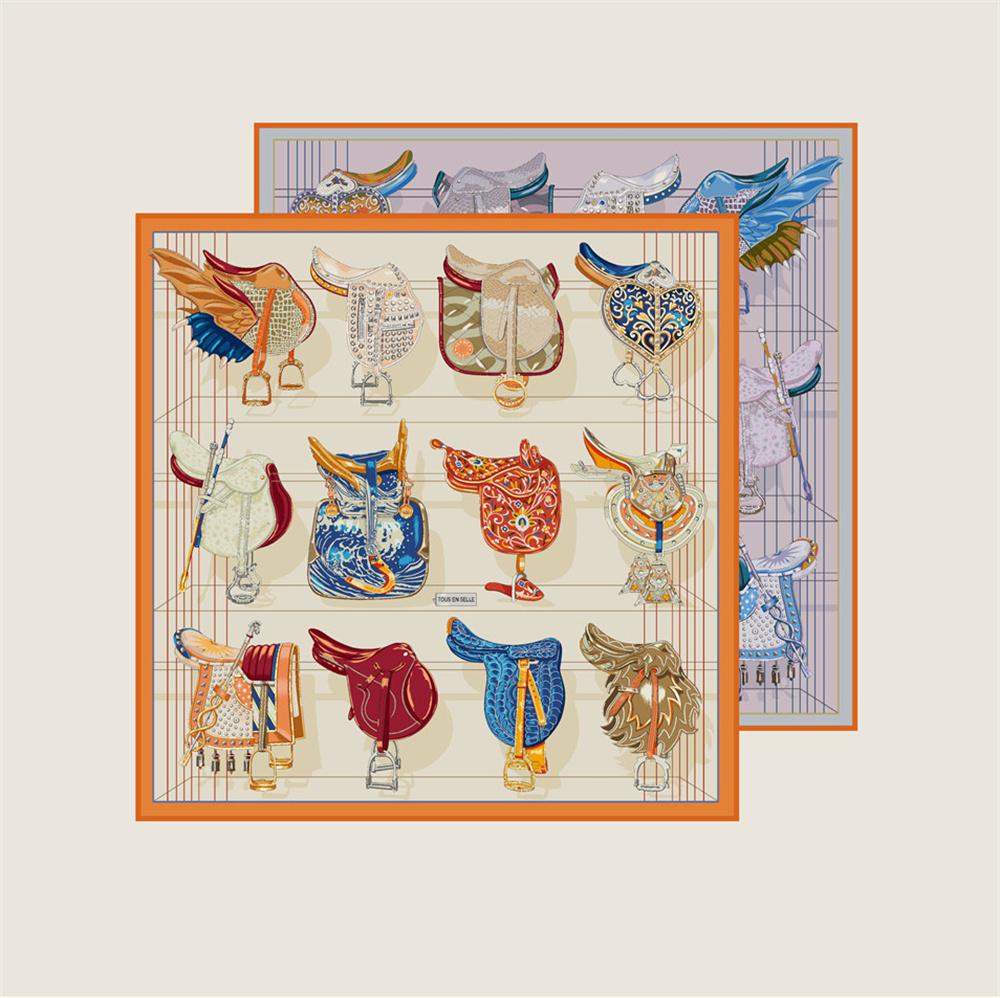 

POBING Curled Twill Silk Scarf Women Saddle World Double Side Printed Square Scarves Wraps Echarpes Foulards Femme Hijab 90CM 90CM x 90CM