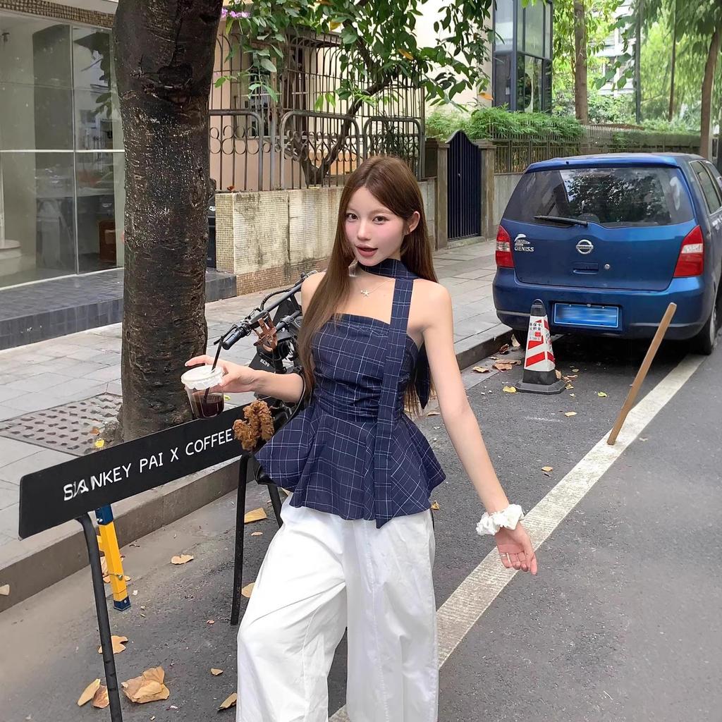Retro Contrast Plaid Strapless Vest Top – Women's High-End Irregular Waist-Cinched Sleeveless Summer Outerwear.