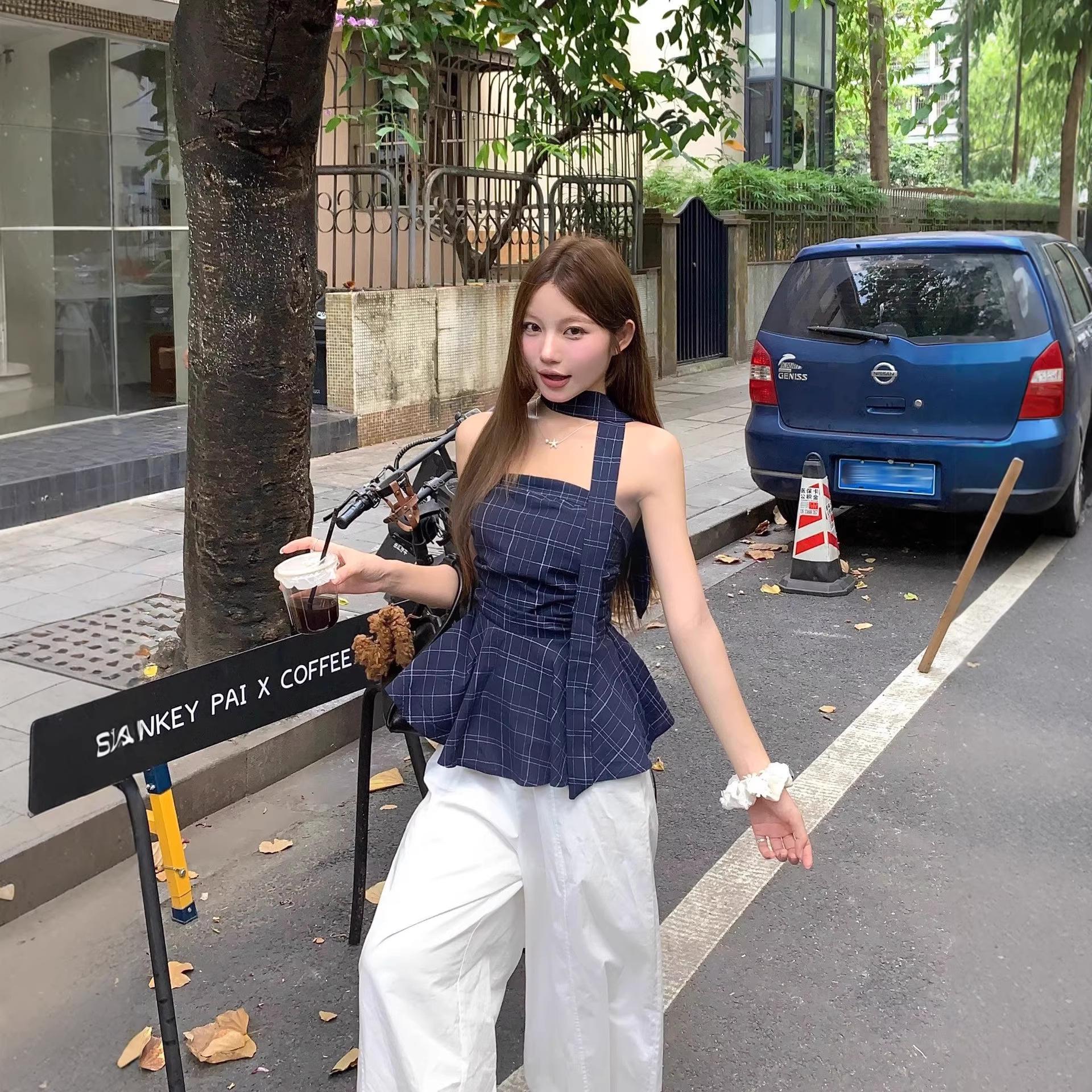 Retro Contrast Plaid Strapless Vest Top – Women s High-End Irregular Waist-Cinched Sleeveless Summer Outerwear. Small