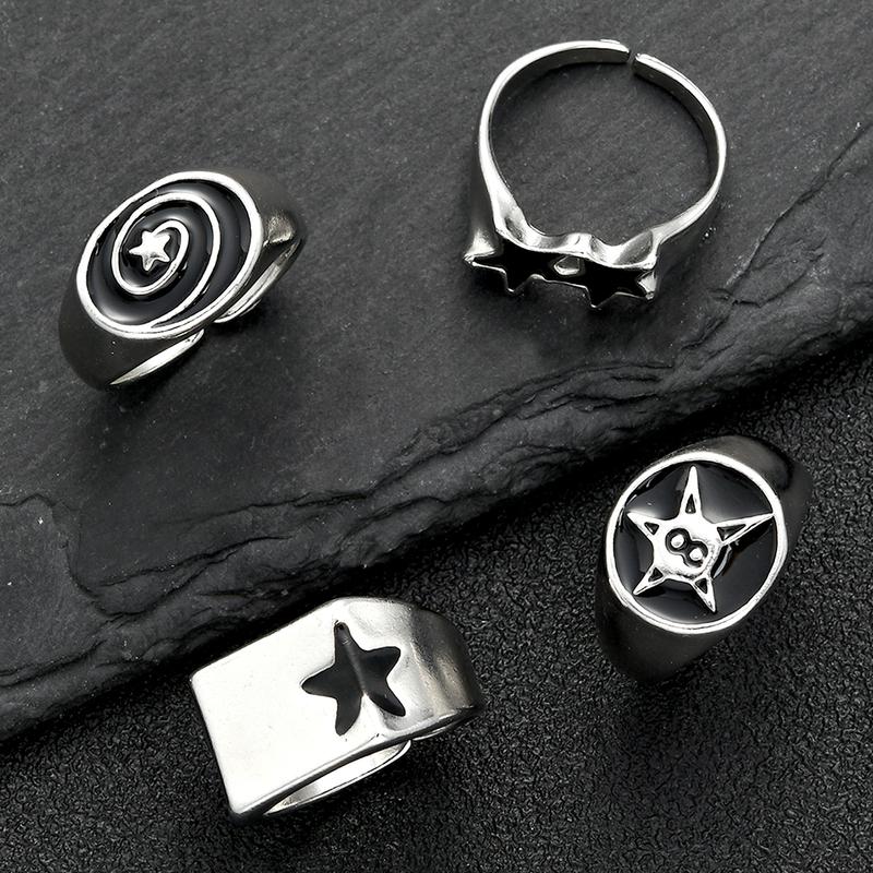 4 Pcs Punk Black Star Rings Set for Women Men Fashion HipHop Silver Color Geometric Thick Finger Ring Y2K Unisex Jewelry Gifts