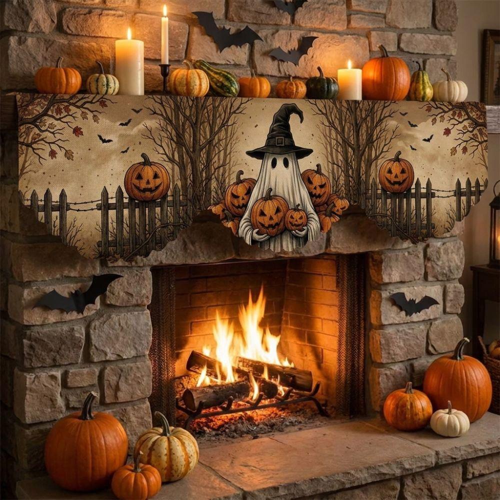 Scalloped Edge Halloween Mantel Scarf Haunted House Autumn Pattern Fireplace Shelf Cover Country-Style Pumpkin Theme