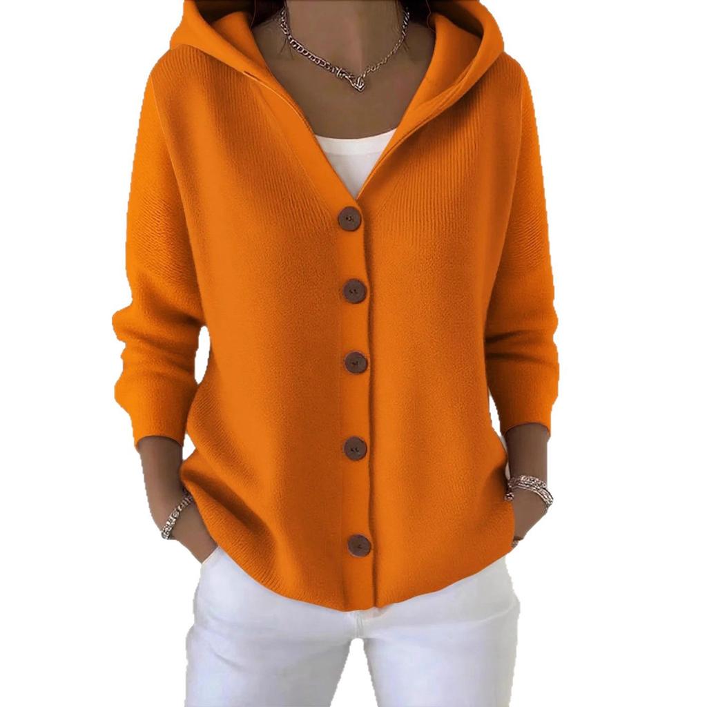 Button-knitted Hooded Sweater Cardigan, New Solid-color Casual and Fashionable Women's Wear for Autumn and Winter