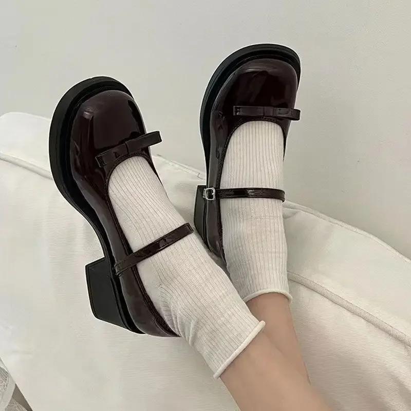 French Retro High Heels Leather Shoes for Women 2025 New Spring Bow Buckle Leather Shoes Round Toe Shallow Mouth Single Shoe