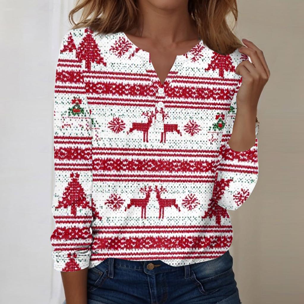 Women's Fashion Casual V-Neck Long Sleeve Decorative Button Christmas Print Top