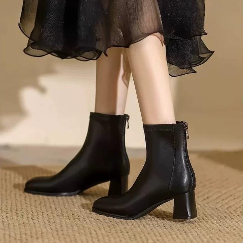 Square Toe Heeled Women's Ankle Boots Autumn Winter Leather Fashion 2025 Booties Designer Luxury High Quality Female Short Shoes