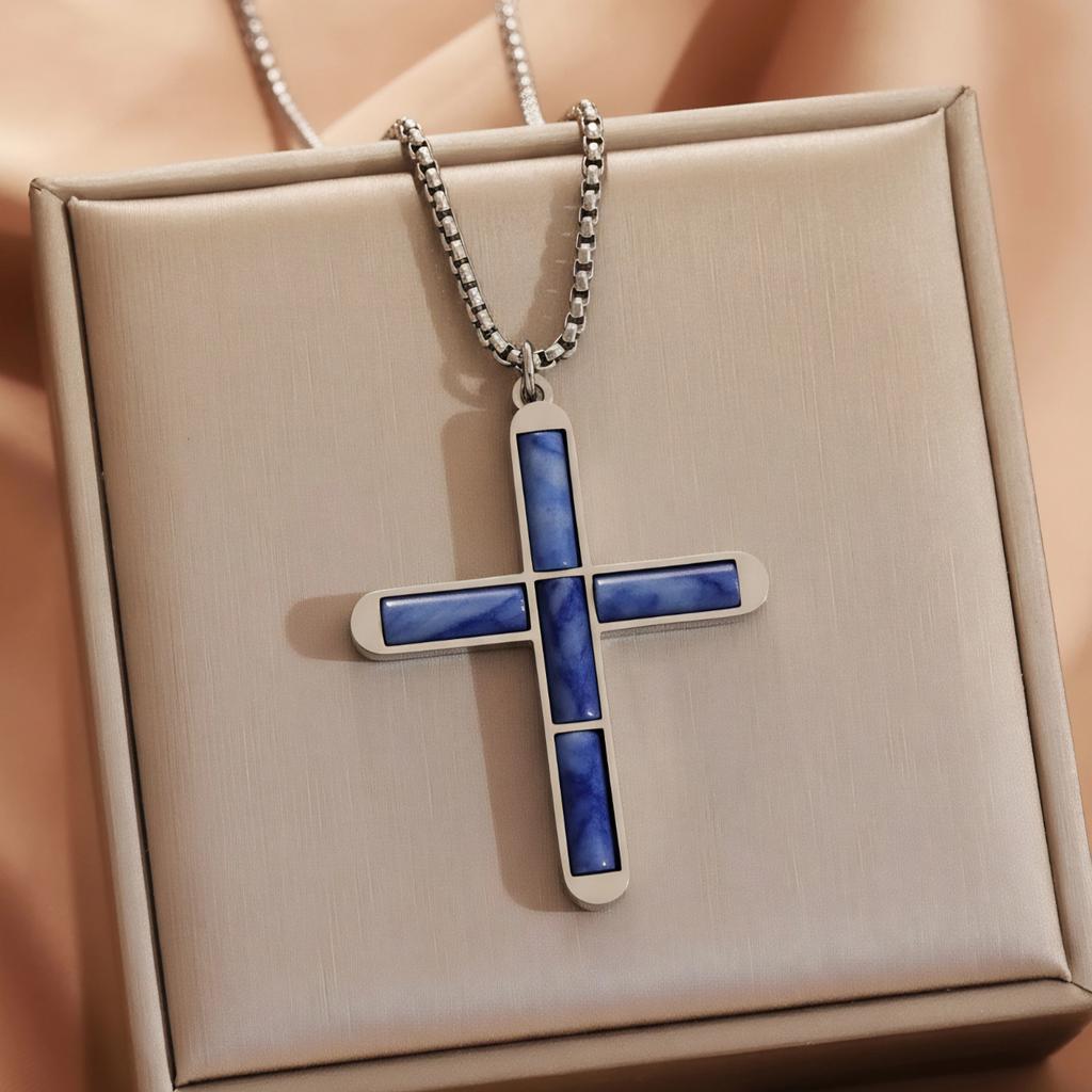 Natural Shoushan Stone Tiger Eye Cross Pendant Square Chain Necklace For Men Women