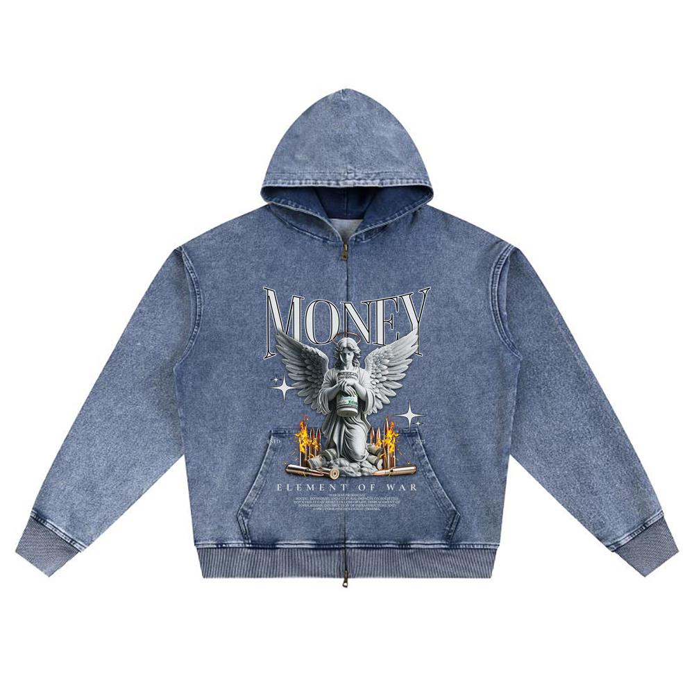 DTG Print Knitted Denim Zip-Up Hoodie Money Brother Print Zipper Hoodies  