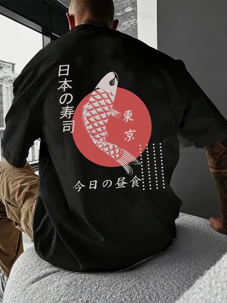 

Cotton Summer Men s T-shirt Koi Tokyo Japanese Style Double-sided Pattern Prin Unisex T-Shirt S