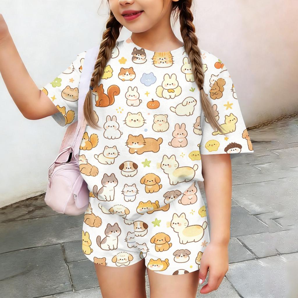 Kids Casual Two Piece Set Short Sleeve Top and Shorts Animal Pattern Lightweight Comfortable Summer Outfit for Boys and Girls