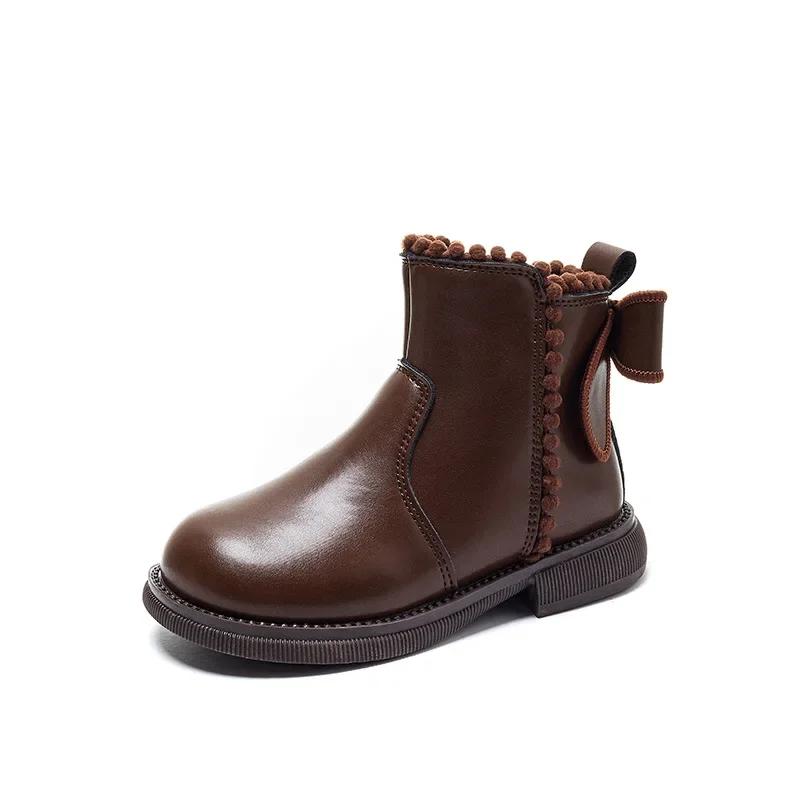 Autumn Winter Cute Pompom PU Leather Kids Ankle Boots Super Warm Velevt Winter Shoes Girl Low Heel Butterfly-knot Student Shoes