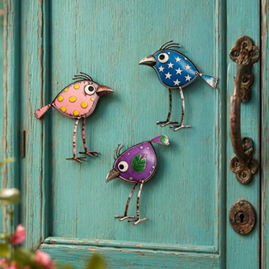 3 Pcs Colorful Wooden Bird Wall Decor Set, Cute Cartoon Bird Ornaments with Polka Dots, Weatherproof Metal Bird Signs