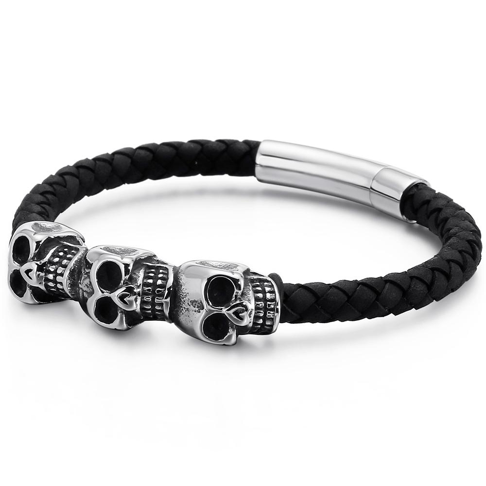 Bracelet tressé en cuir rouge noir pour hommes, en cuir de vache, Punk Rock gothique, en acier inoxydable 316L, bijoux tête de crâne