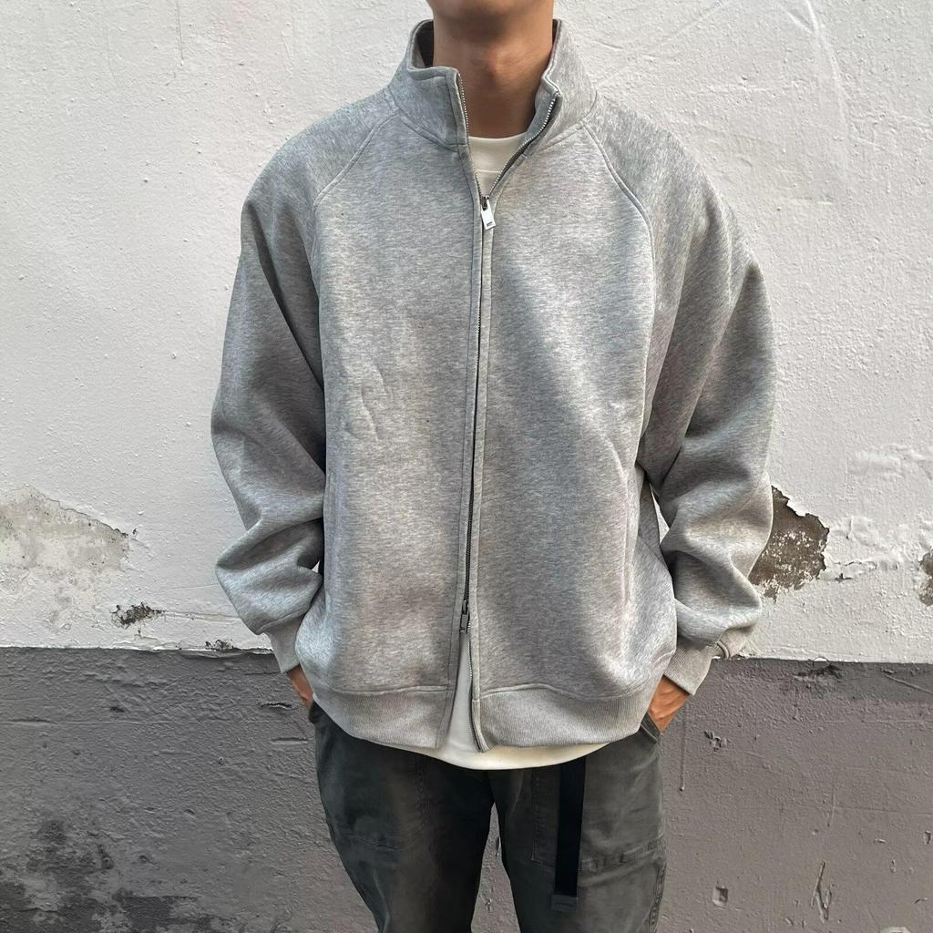 Men's American Retro Boxy Fit Cleanfit Stand Collar Zipper Cardigan Hoodie Outerwear for Autumn/Winter