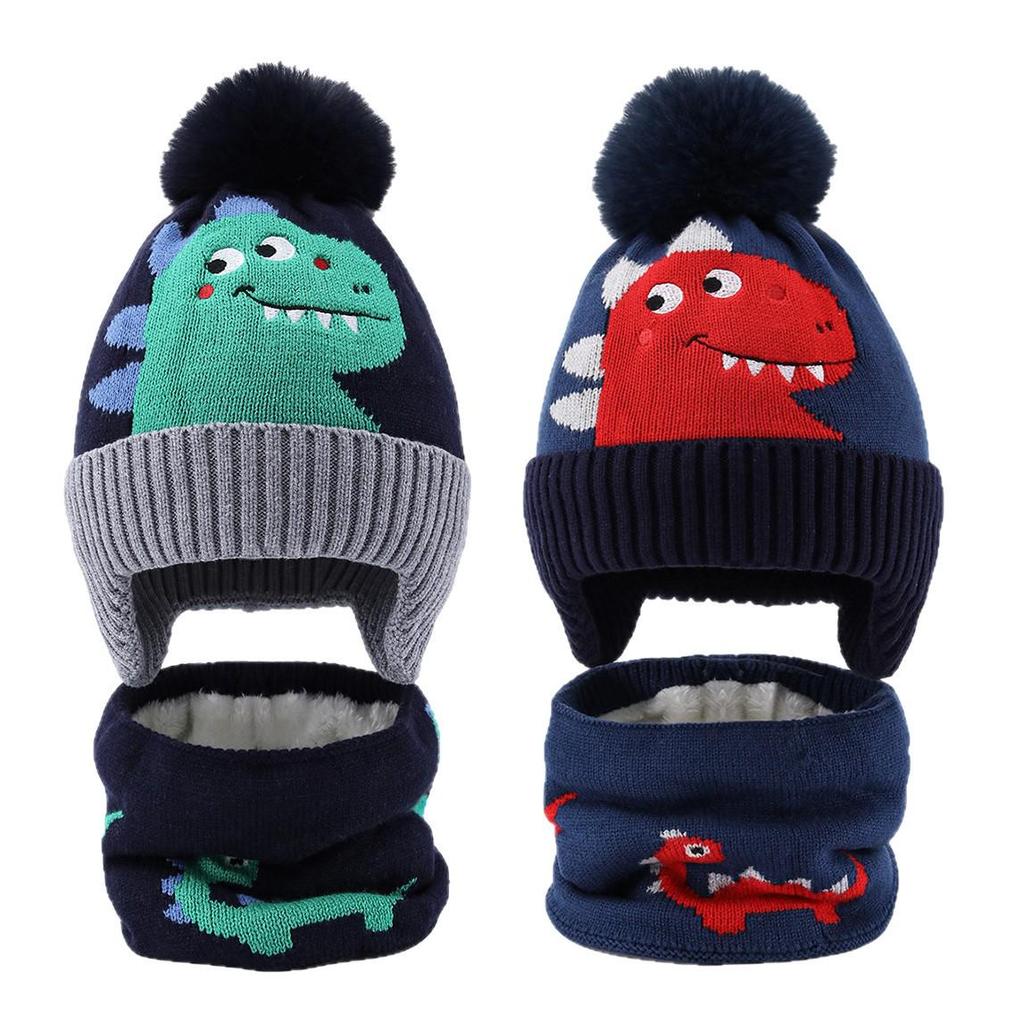 Entzückendes Dinosaurier Fleece-gefüttertes Kinder Wintermützen- & Schal-Set