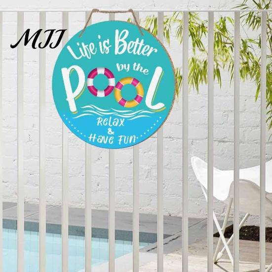 Summer Party Supplies Wooden Swim Ring Hanging Sign for Pool Decoration, Beach Theme Wall Rustic Decor Art with Hemp Rope, Double Layer Seaside