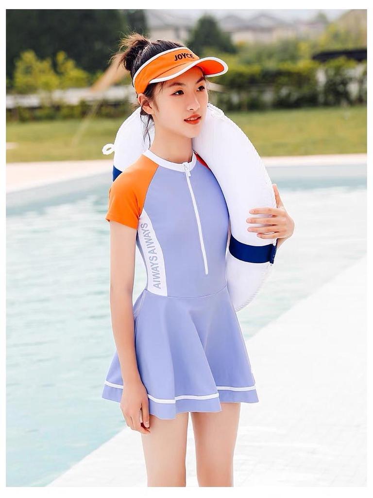 2023 Sporty One-Piece Skirted Swimsuit for Girls - Short-Sleeved, Plus Size, Hot Spring Swimwear for Kids