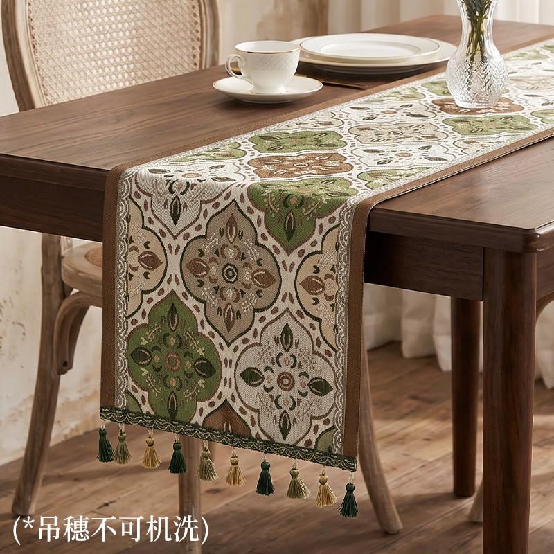 Elegant Chenille Jacquard Table Runner With Tassel Trim Floral Botanical Washable Wrinkle Resistant Dining