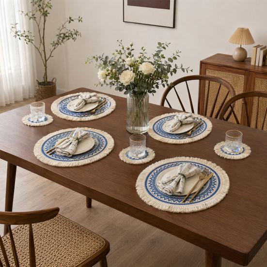 Yousheng Vintage Round Coasters, Pastoral Cotton Linen Placemats, Soft Jute Tassels Drink Mats, Handwoven Table Pads Mats Accessories