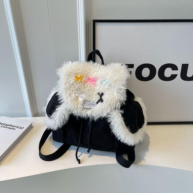 Korean Cute Girl Bag New Retro Fashion Plush Backpack 2023 Small Design Mini Bag чёрный