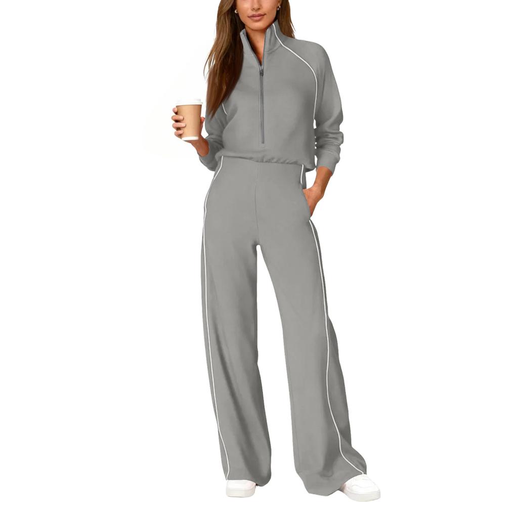Women's Fashionable Casual Long-Sleeved -Color Sweatshirt And Wide-Leg Pants Two-Piece Set