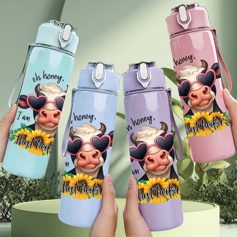 1PC Sunflower Cow Art 750ml Color Plastic Sports Water Bottle Leakproof Flip Straw Lid Suitable for Sports Office Home Use