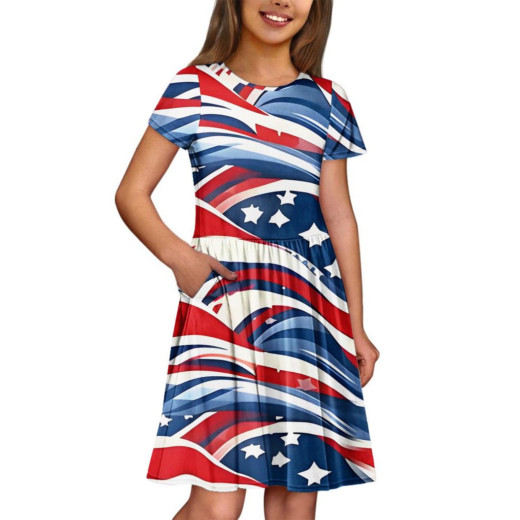 Girl Summer Dress  Solid Color & Print Sleeveless Dress With Pocket Casual Dress Shorts Sleeve Party Dress