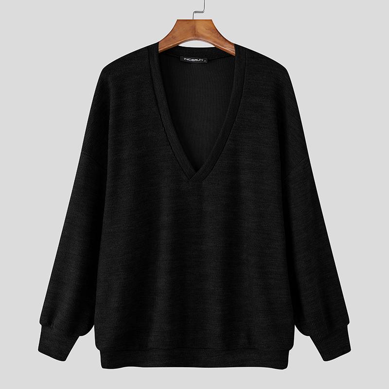 

INCERUN Men V Neck Long Sleeve Texture Knitted Casual Pullover Tops 3XL