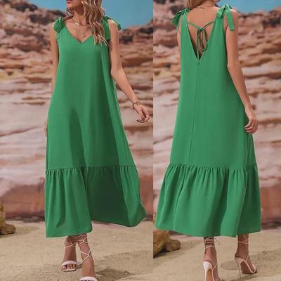 Summer 2025 Green Boho Loose V-Neck Lace-Up Maxi Dress