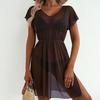 Bikini Cover Up Mesh Lightweight Sheer V-Neck Short Sleeve Beach Dress with Elastic Waist Design Anti-UV