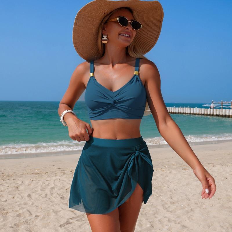 

2026 European and American Women s Split Swimsuit Two-piece Bikini Solid Color High Waist Sexy Spot 2XL peacock синього кольору