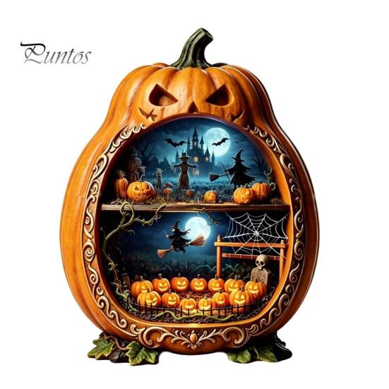 Indoor Halloween Ornaments Centerpiece Pumpkin, Wooden Pumpkin Ornament with Miniature Scenes, Rustic Unique Table Centerpieces Skeleton for Farmhouse