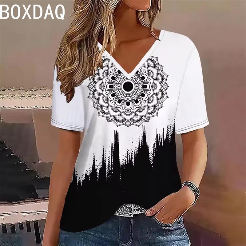 Summer short sleeved V-neck casual loose top elegant T-shirt