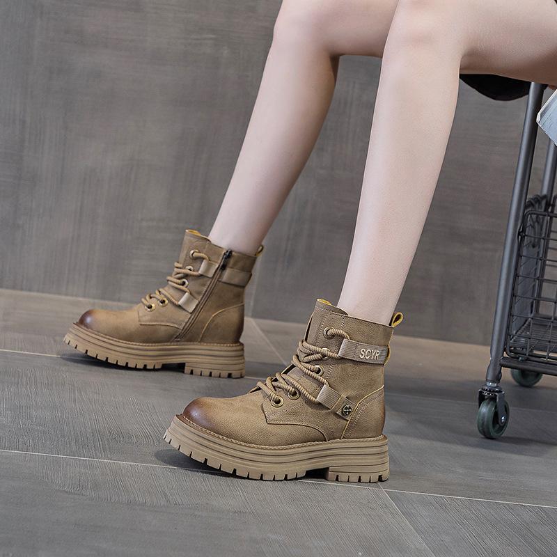 Rhubarb boots women's 2025 autumn new leather thick-soled tooling wind Martin boots velvet short snow boots women's boots