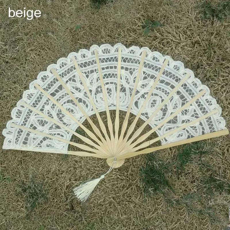 1Pc 27cm Portable Folding Fan Vintage Wood Lace Fan with Tassel Hollow Ribs Dance Performance Party Photo Props for Wedding