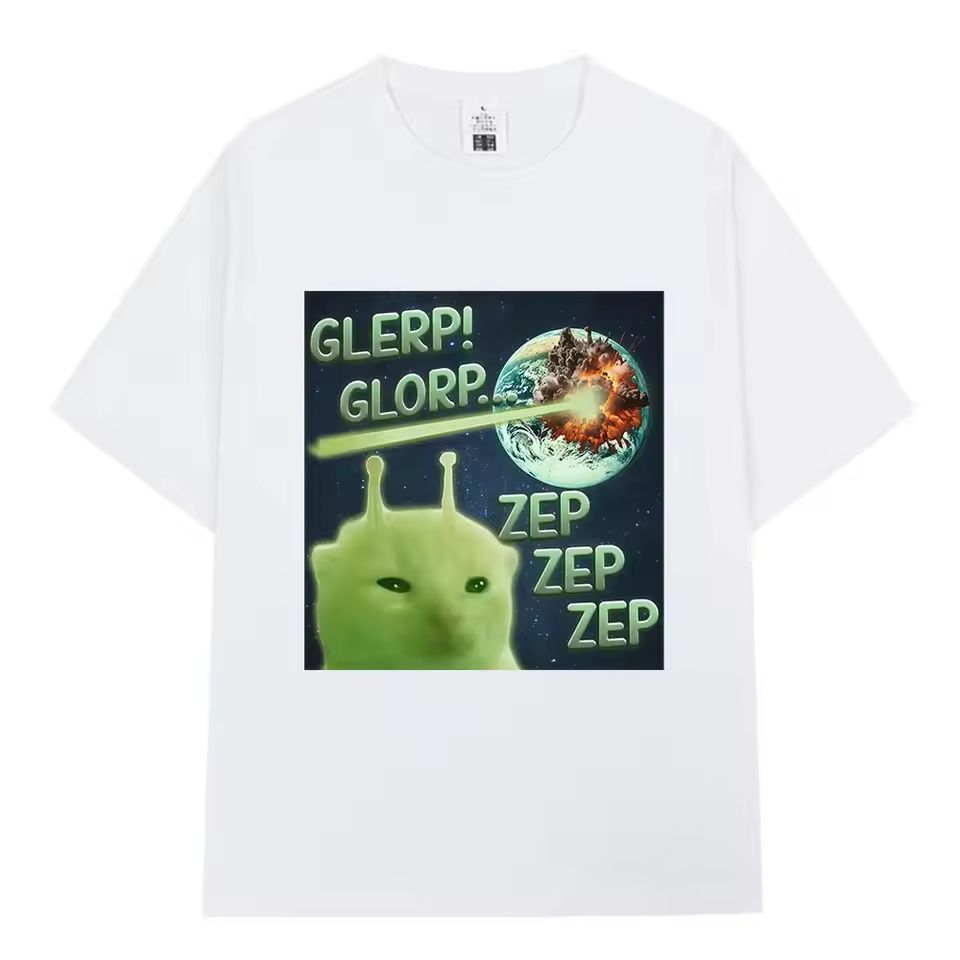 Glerp Glorp Funny Alien Cat Attack on Earth Meme T-shirt, Funny and Abstract Short-sleeved Shirt for Boys and Girls