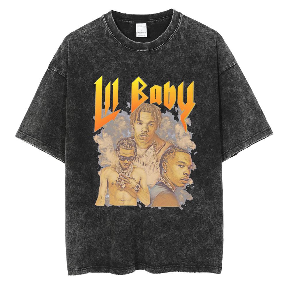 Hip Hop Rapper Wash Vintage Black Lil Baby T Shirt Unisexs Fashion Oversized Tee Short Sleeve Regular Male Tshirt Unisex Streetwear