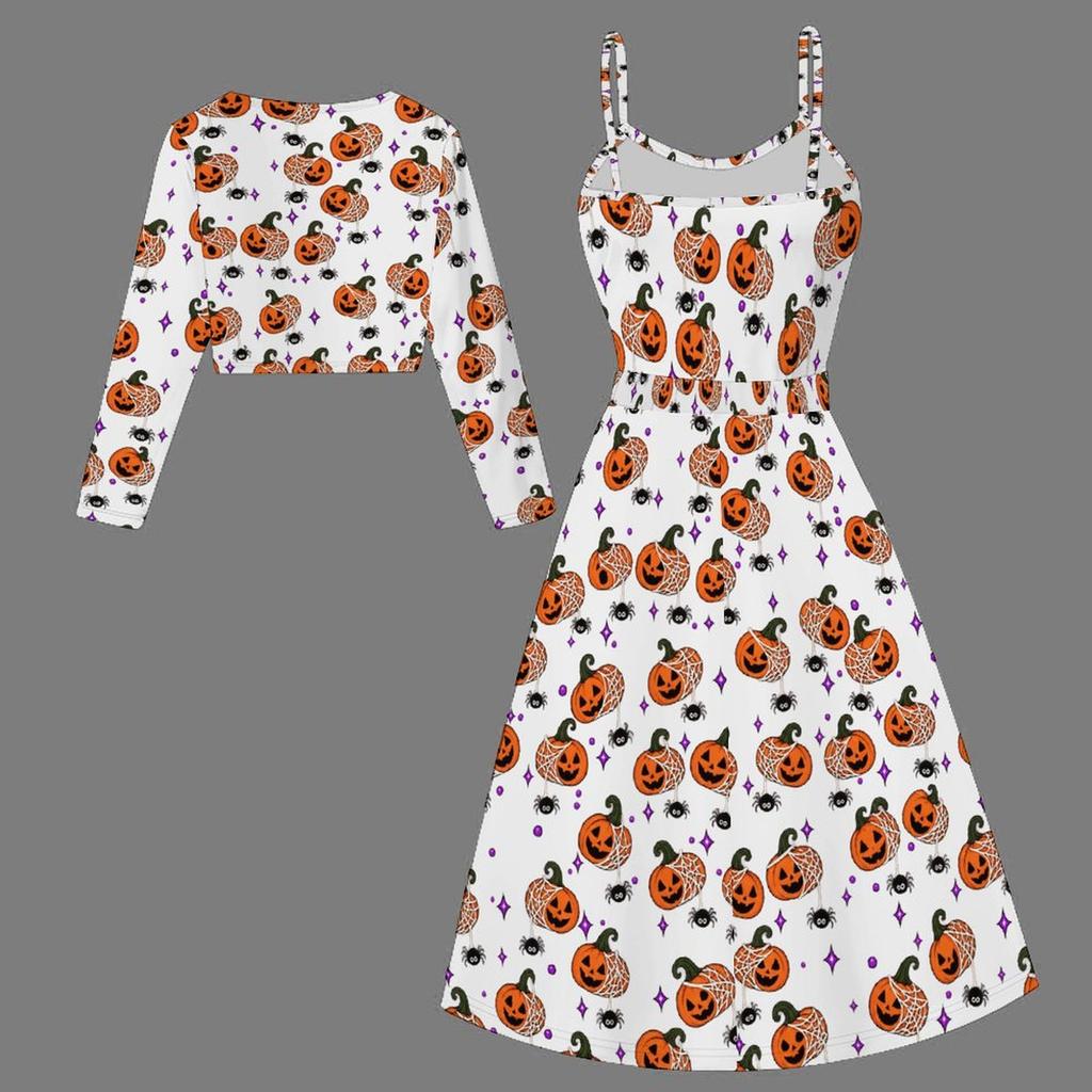 Women Plus Size Two Piece Outfit Long Sleeve Cropped Shrug Strappy Tie Waist Halloween Printed White Long Dress