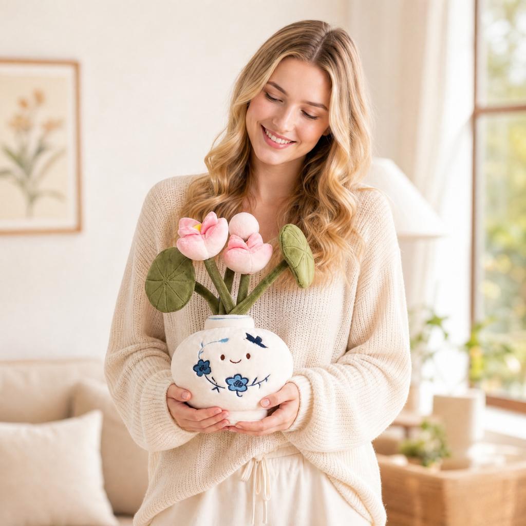 Blue and Porcelain Plush Toy with Removable Flower Bouquet