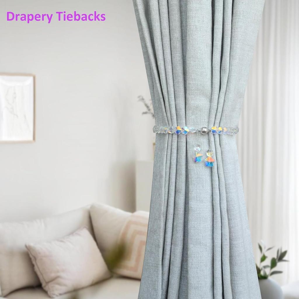 Magnetic Curtain Tiebacks,Crystal Beads Rope Drapery Holdbacks Holder for Small,Thin or Sheer Window Draperies,15 Inch Long,2 Pack (Flower)