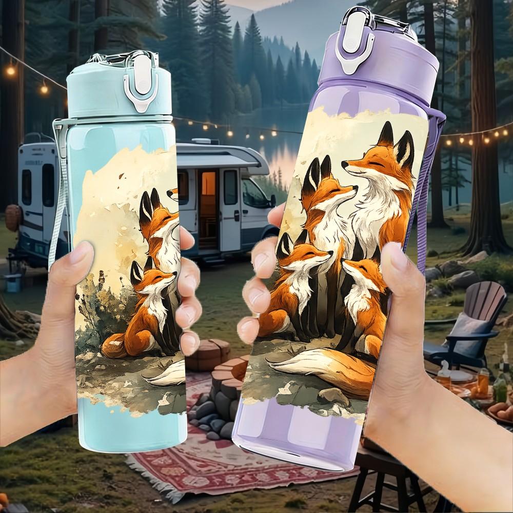 1 Stück Fuchswild Herbstwald Szene Druck 750ml Farbe Kunststoff Sport Wasserflasche Auslaufsicher Klappdeckel mit Strohhalm Geeignet für Sport Büro Heimgebrauch