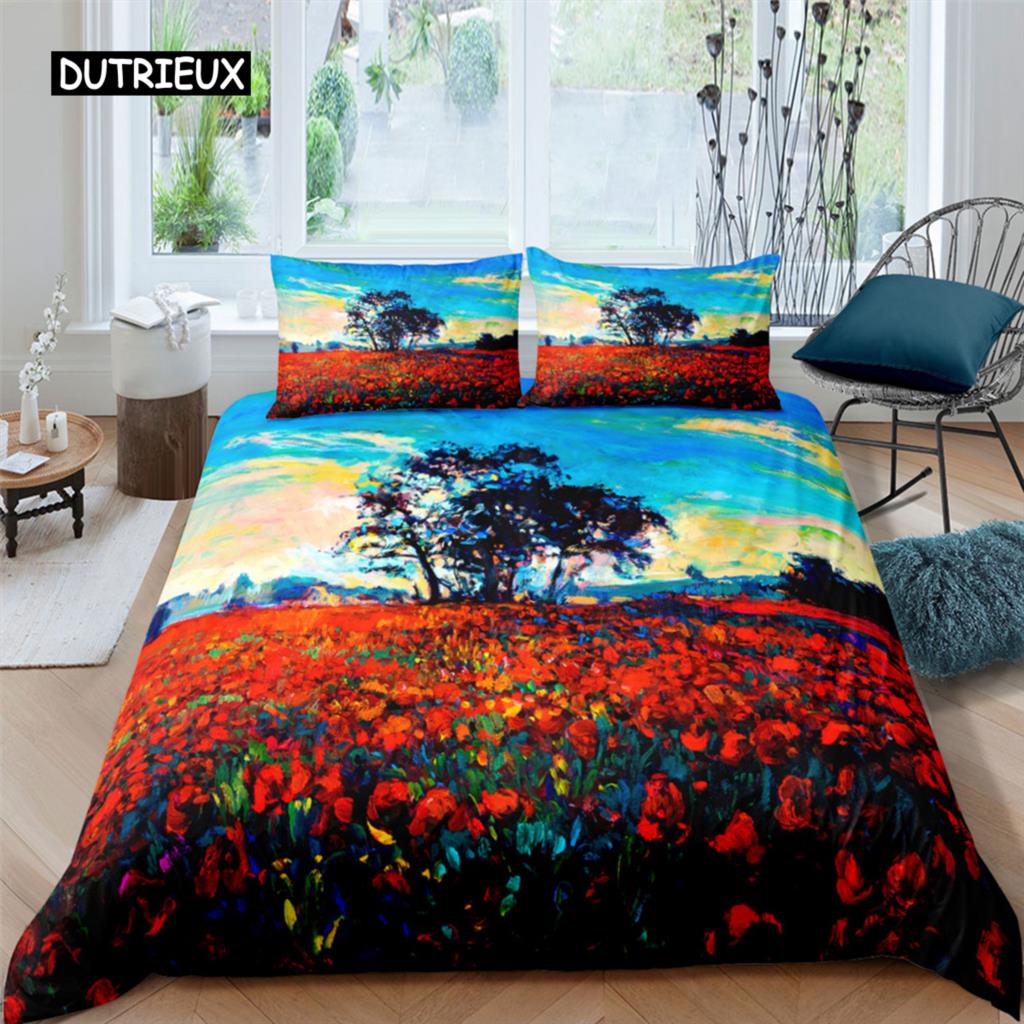 Oil Painting Landscape King Dimension Queen Size Bedspread Cover Natural Scenery Sleep Bedding Collection Teen Adult Floral Ocean Building Heavy-duty