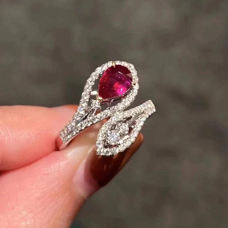 Luoxi Temple 2024 S925 Silver Pear-Shaped Pigeon Blood Red Adjustable Ring